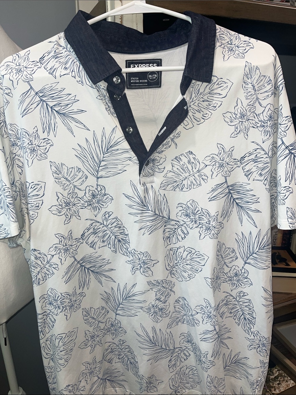 Express Men’s Cream Polo with Navy Floral Sketch Print and Navy Collar